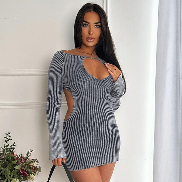 Long Sleeve Backless Striped Hollow Out