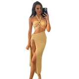 Satin Solid Halter Backless Draped Hollow